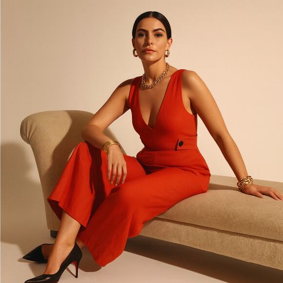 DEREK LAM 10 CROSBY x INTERMIX Linen Wide Leg Jumpsuit Red Sz 4 {G8} - Picture 1 of 8